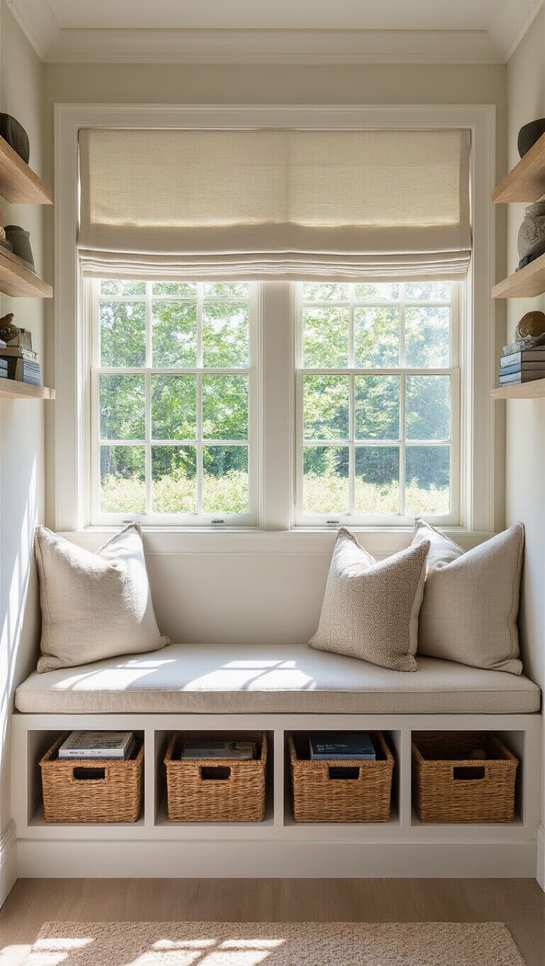 Built-in window seat with storage drawers below, flanked by floating shelves holding decor and books, bathed in natural light through roman shades.
