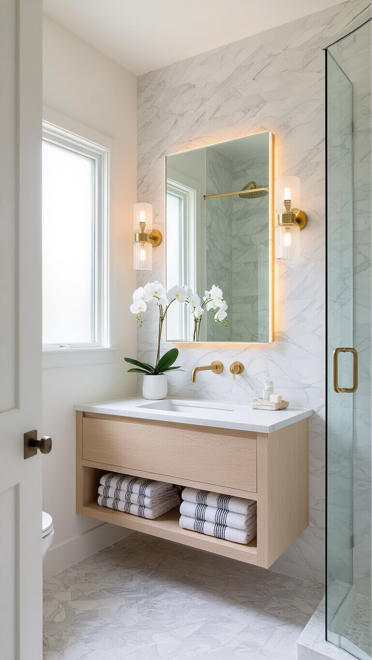 Luxurious minimalist 6x8ft bathroom with floating oak vanity, backlit mirror, glass shower, and brass accents in morning natural light.