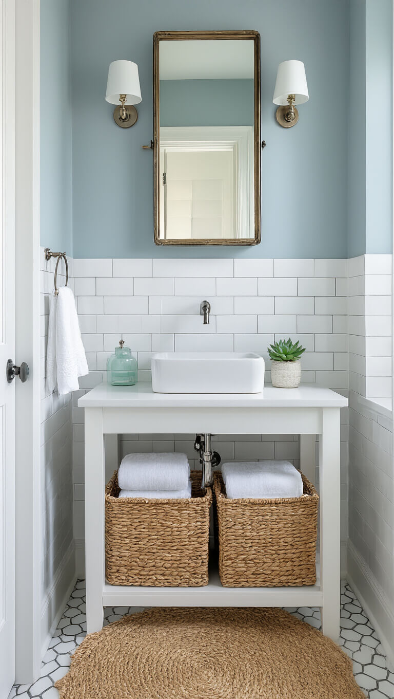 Corner view of small coastal-themed bathroom with blue-grey walls, white subway tiles, porcelain sink, seagrass baskets, jute rug, and natural light.