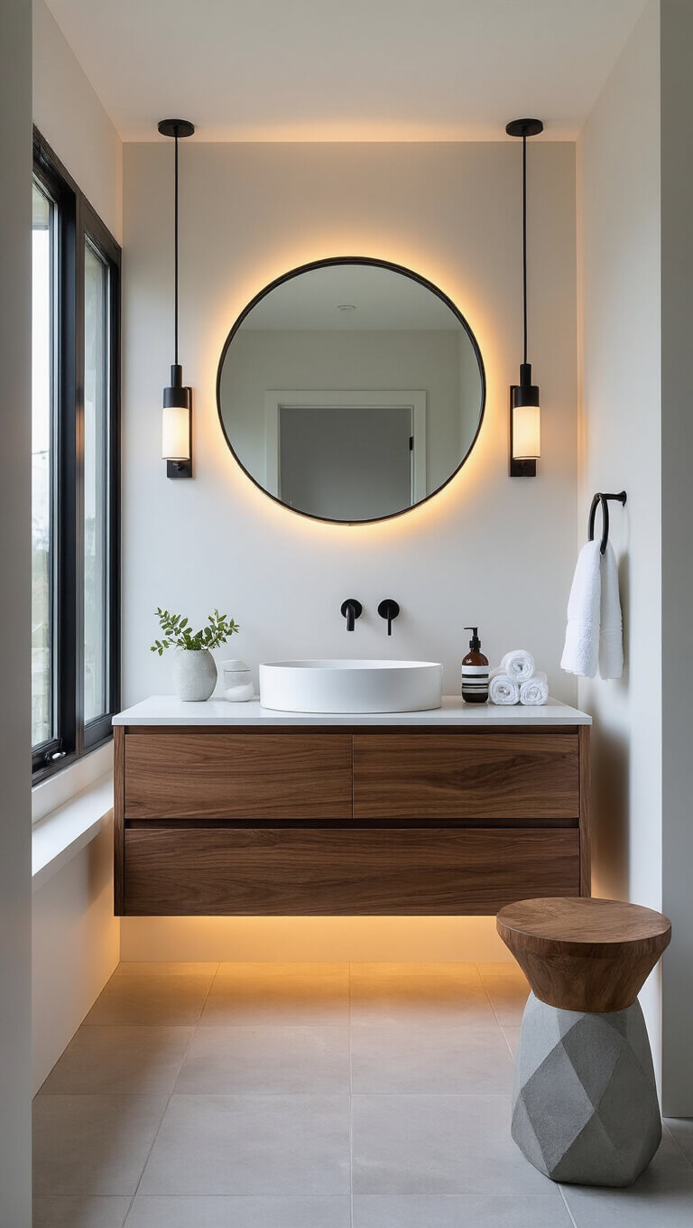 Scandinavian-style 7x6ft bathroom with floating walnut vanity, vessel sink, matte black fixtures, and minimalist decor at golden hour.