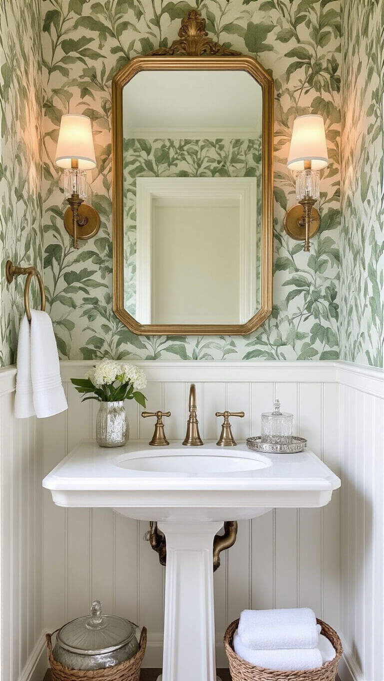 Symmetrical powder room with sage botanical wallpaper, white beadboard, brass mirror, crystal sconces, and elegant vintage-modern decor.