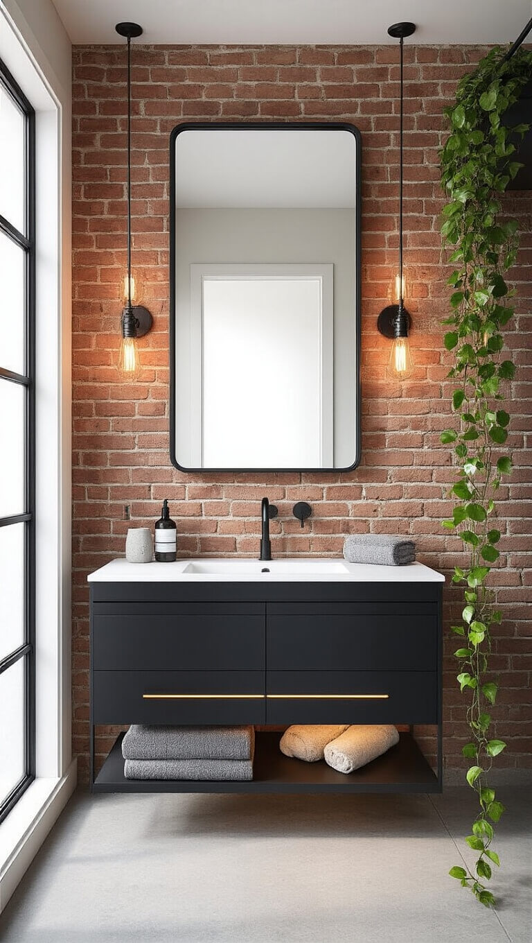 Urban industrial chic bathroom with exposed brick wall, matte black vanity, LED lighting, and trailing pothos plant.