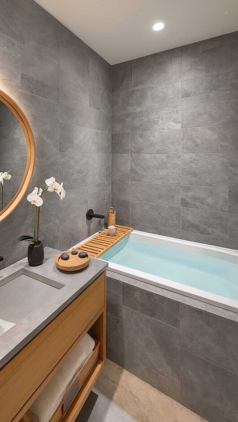 Serene Japanese-inspired bathroom with teak vanity, freestanding tub, and natural stone tiles at dusk.