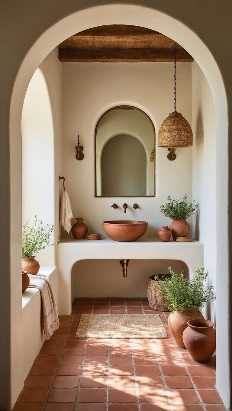Mediterranean Revival bathroom with terra cotta floor, arched mirror, copper faucet, ceramic sink, woven pendant light, and rust-toned Turkish towels.