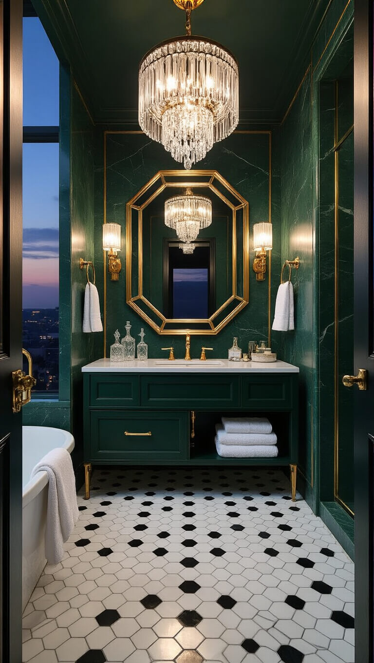 Art Deco bathroom with emerald green vanity, gold-framed mirror, marble hex tiles, and crystal chandelier at twilight.