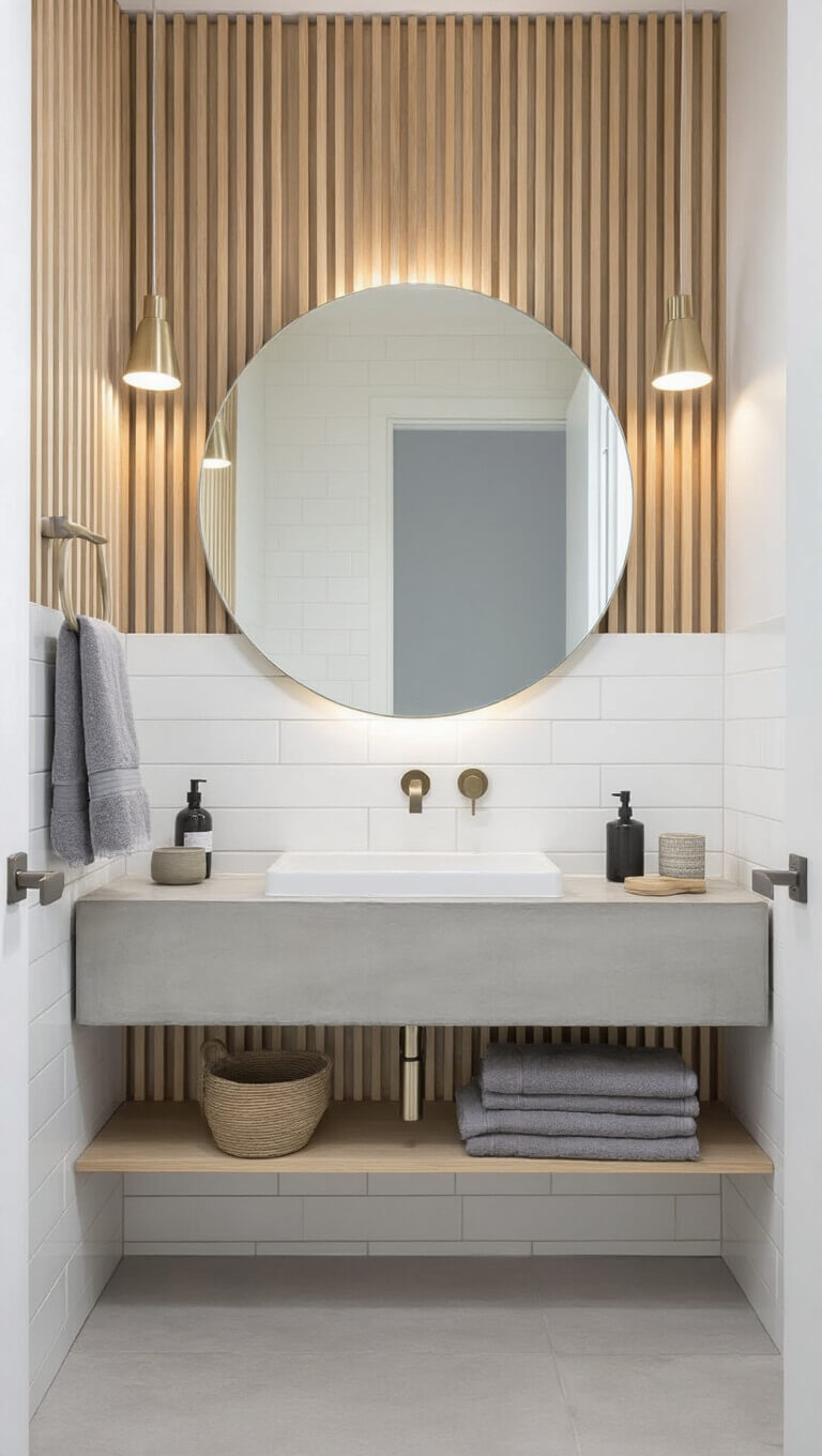 Contemporary Nordic 6x8ft bathroom with blonde wood slat wall, white tiles, floating concrete vanity, round mirror, mixed metal fixtures, and minimalist decor.