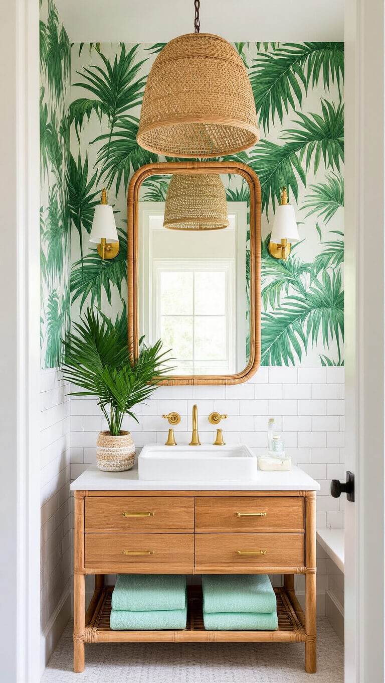 Tropical modern bathroom with palm print wallpaper, teak vanity, brass fixtures, and natural accents