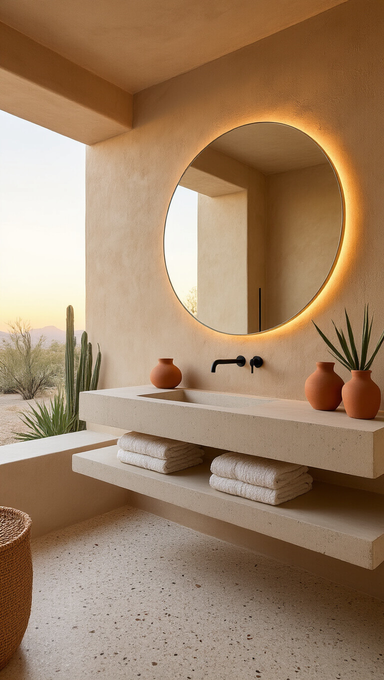 Desert modern 6x7ft bathroom with warm plaster walls, terrazzo flooring, floating concrete vanity, circular LED mirror, matte black fixtures, and styled with terracotta decor and desert plants at sunset.