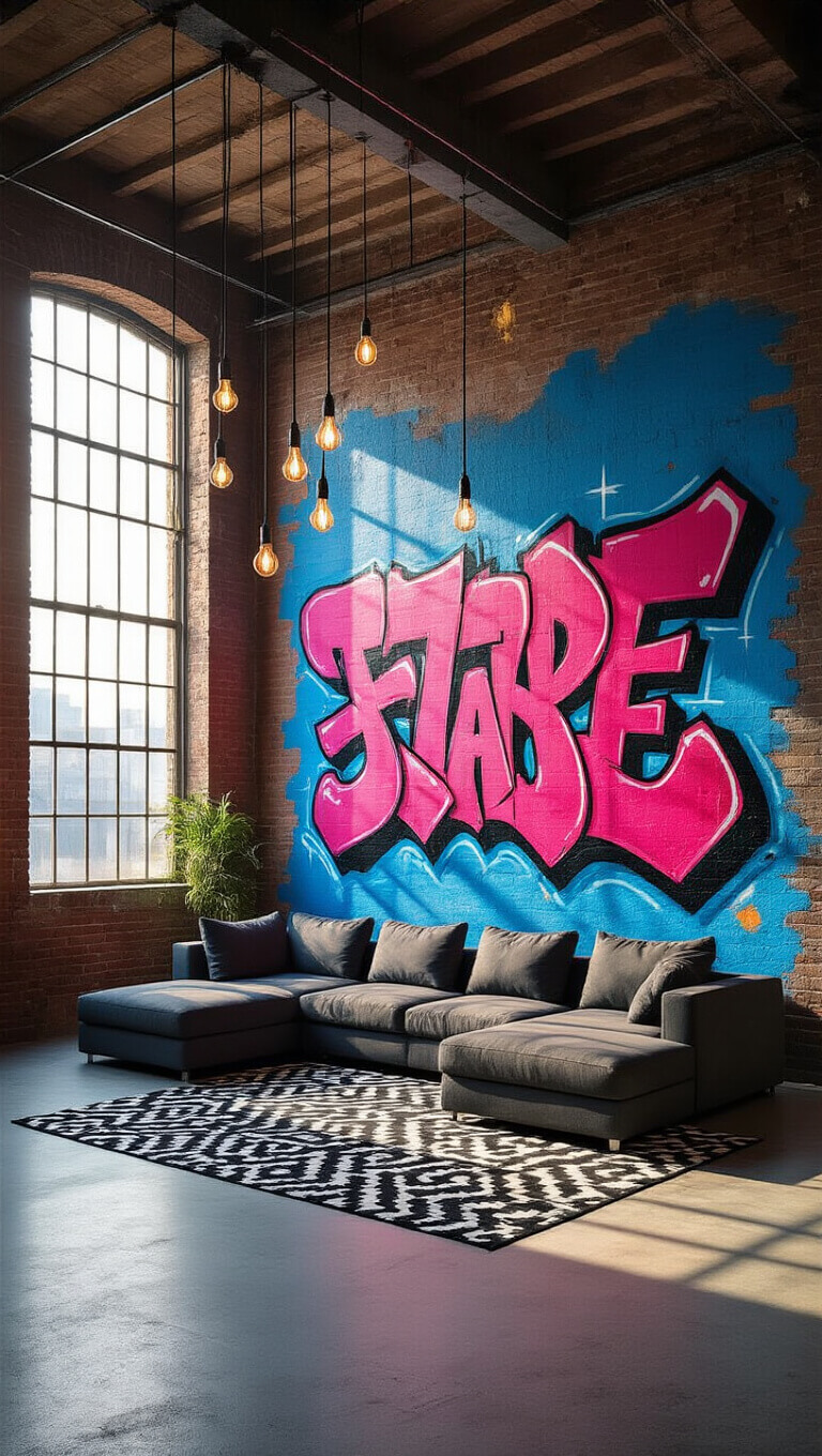 Industrial urban loft with exposed brick walls, large graffiti mural, modern grey sectional, and geometric rug under golden hour lighting.