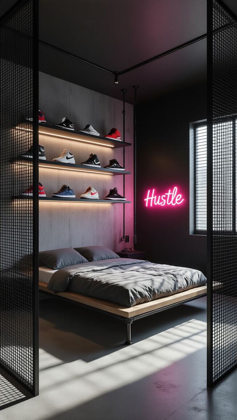 Modern bedroom with black accent wall, illuminated floating shelves displaying sneakers, concrete wall with industrial bed, neon 'HUSTLE' sign, and grid shadows from mesh curtains.