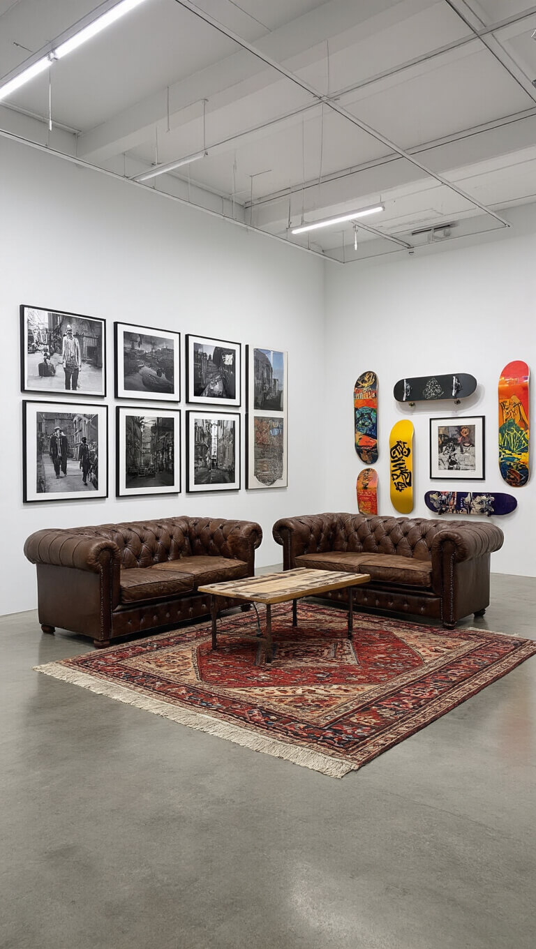 Open-concept 25x25ft industrial-luxe room with white gallery walls, polished concrete floors, street photography, skateboard decks, Chesterfield sofa on layered rugs, and LED color lighting.