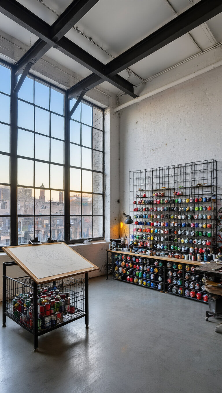 Urban artist's double-height studio with floor-to-ceiling windows, matte black steel beams, white walls featuring street art, vintage drafting table, rainbow-arranged spray paint cans, captured during blue hour with mixed lighting.