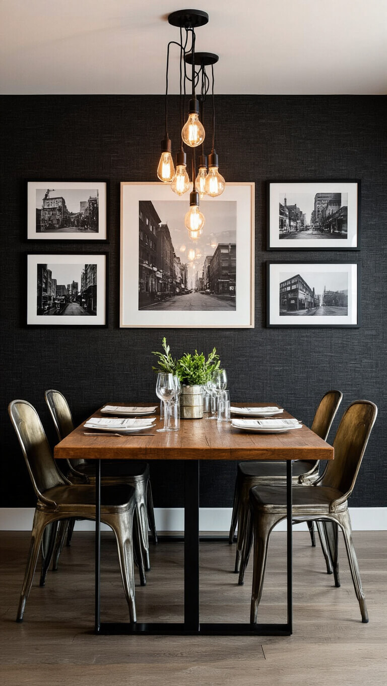 Moody dining area with a heavy wooden table, industrial chairs, exposed bulb pendant lights, and a gallery wall of black and white urban photos.