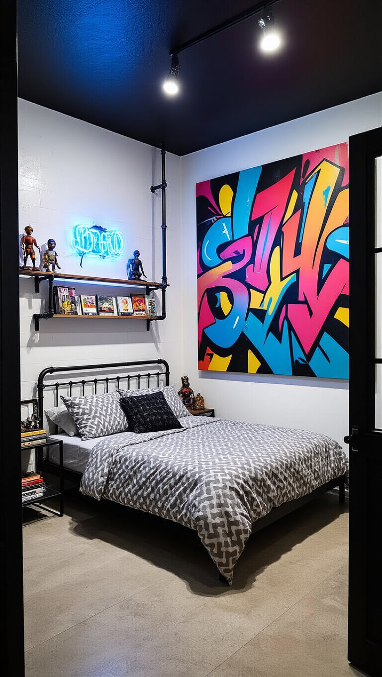 Cozy urban bedroom with black ceiling, white walls, metal bed under vibrant graffiti art, industrial shelves with collectibles, and blue neon lighting at night.