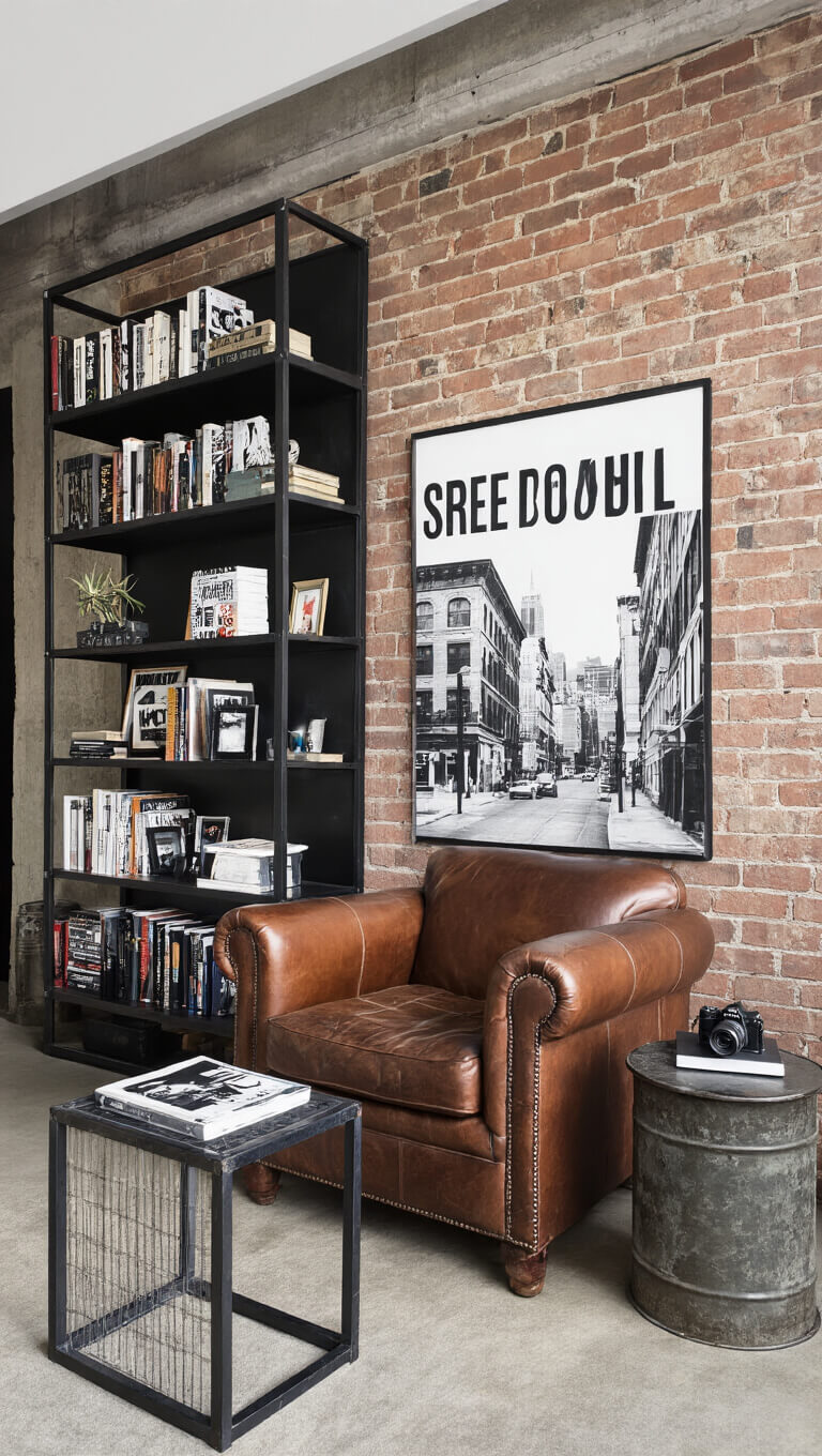 Urban reading nook with leather armchair, metal side table, industrial bookshelf, and street photography in sunlit brick and concrete corner.