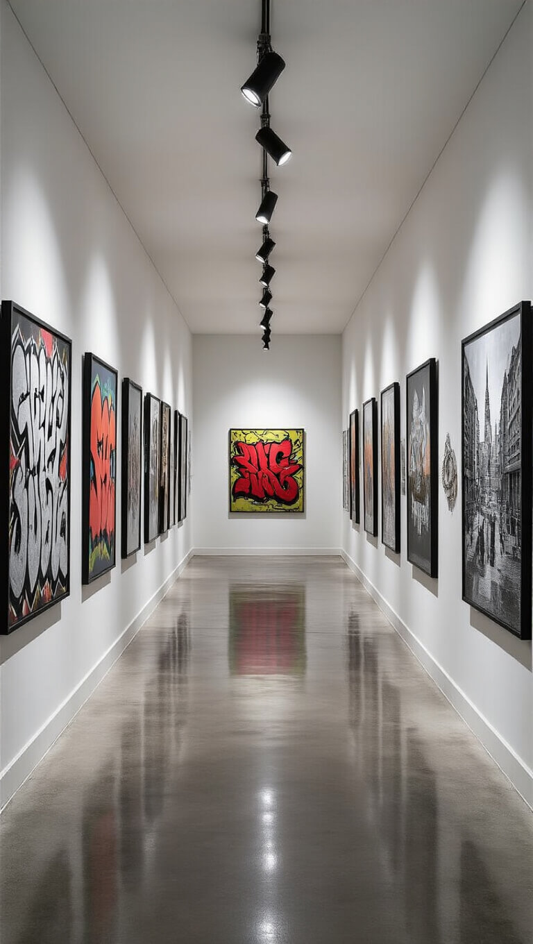 Symmetrical view down a 6x20ft hallway gallery with white walls displaying framed street art, graffiti prints, and urban artifacts under dramatic industrial lighting on polished concrete floors.
