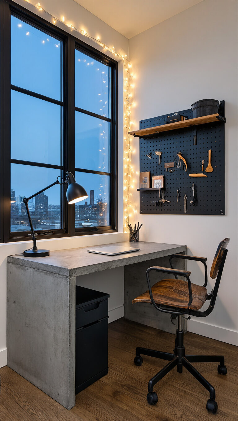 Modern urban home office with concrete desk, industrial chair, black pegboard wall, and string lights, overlooking city at dusk through steel-framed windows.