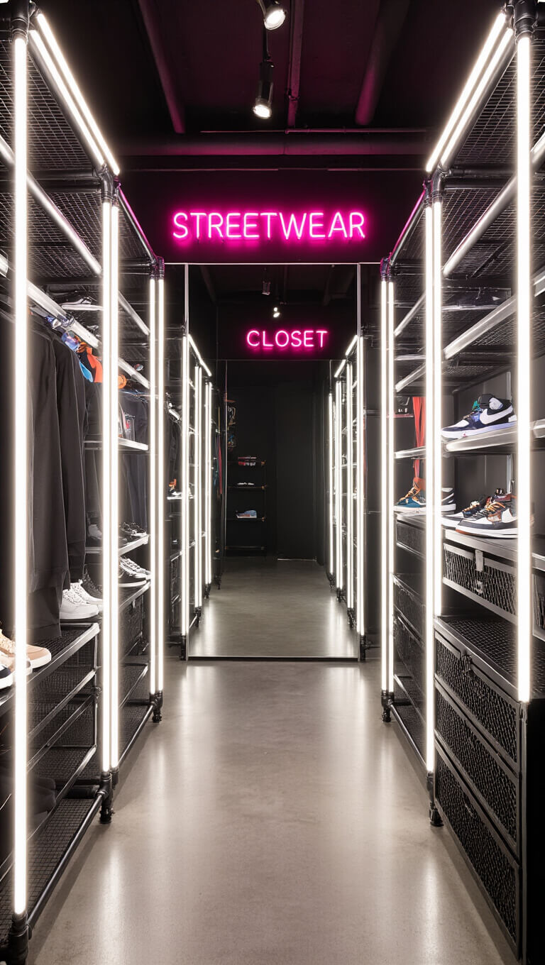 Boutique-style streetwear closet with industrial racks, LED-lit sneaker displays, mesh shelving, full-length mirrors, and neon signage.