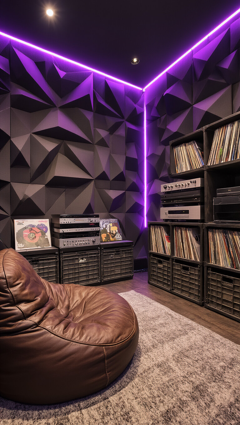 Moody hip-hop listening room with acoustic panels, vintage stereo gear, metal record crates, leather bean bags, and purple LED lighting.