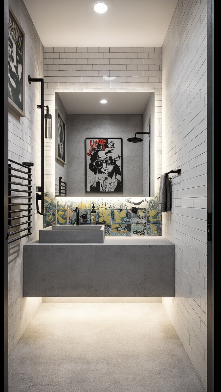 Compact urban bathroom with concrete vanity, matte black fixtures, graffiti-style shower tiles, industrial details, and street art decor, viewed from doorway.