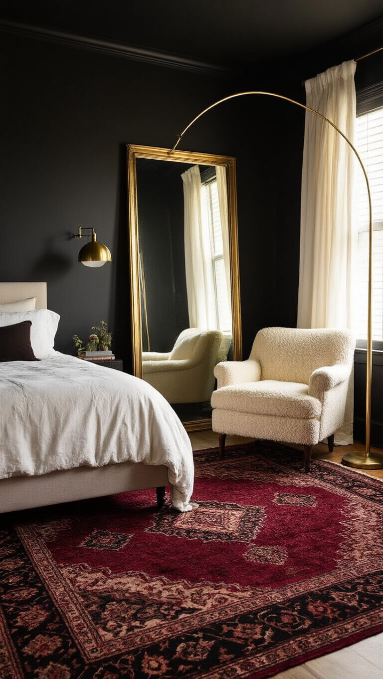 Cozy bedroom corner with black walls, antique mirror, brass floor lamp, cream boucle chair, layered Persian rugs, and billowing white curtains in golden hour light.