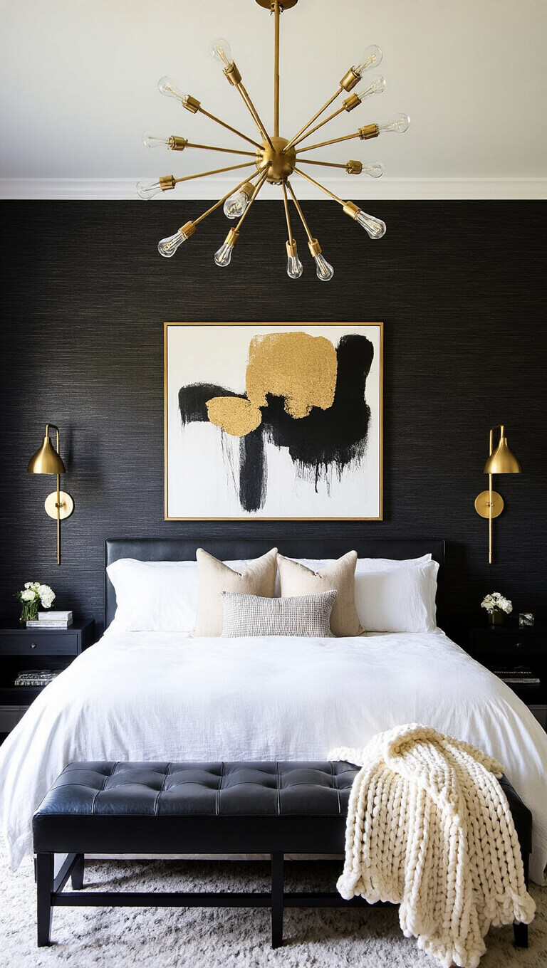 Modern bedroom with Tricorn Black textured accent wall, abstract art, brass sconces, and Sputnik chandelier, viewed at angle to highlight light and texture.