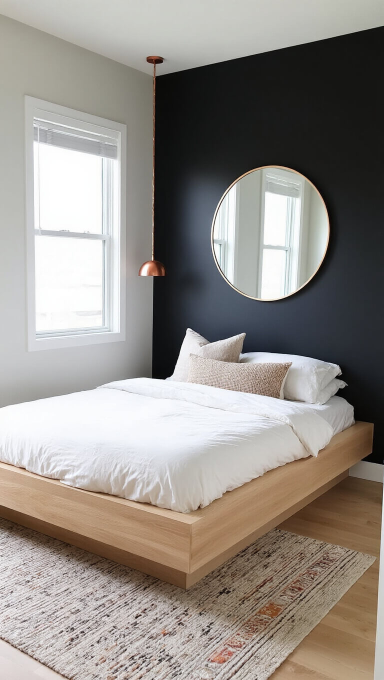 Compact 10x12 bedroom with matte black statement wall, floating white oak bed, oversized round mirror, and warm metallic accents in airy minimalist style.