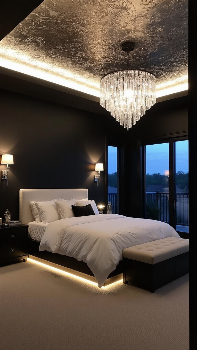 Master bedroom with black walls and layered lighting including sconces, under-bed lights, and a crystal chandelier; white bedding contrasts dark tones and metallic ceiling reflects light.