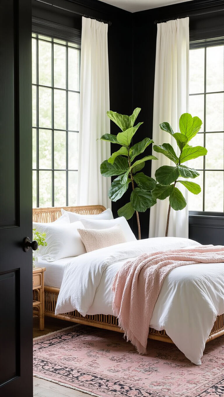 Black bedroom with rattan furniture, white bedding, and tall windows letting in morning light; fiddle leaf figs, pale pink and sage accents, and vintage Persian rug add softness and pattern.