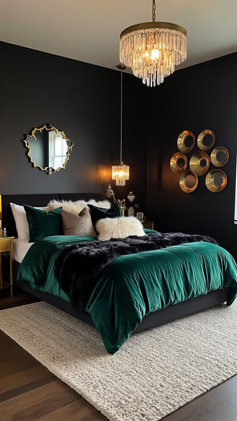 Cozy black bedroom at dusk with emerald velvet bedding, faux fur throws, metallic pillows, crystal sconces, brass mirrors, and a thick wool rug.