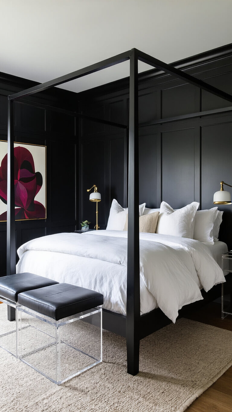 Contemporary black bedroom with black crown molding and wainscoting, black steel four-poster bed with white linens, Lucite side tables with brass lamps, large abstract jewel-toned canvas, and mixed natural and gallery lighting.