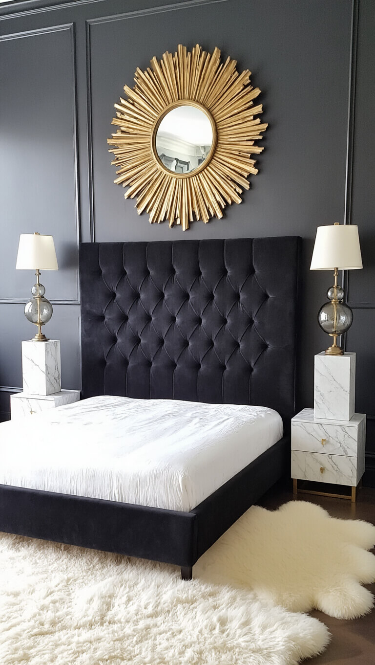 Luxurious black bedroom suite with Tricorn Black walls, channel-tufted velvet headboard, marble side tables, smokey glass lamps, sunburst brass mirror, and ivory sheepskin rugs in symmetrical, softly lit composition.
