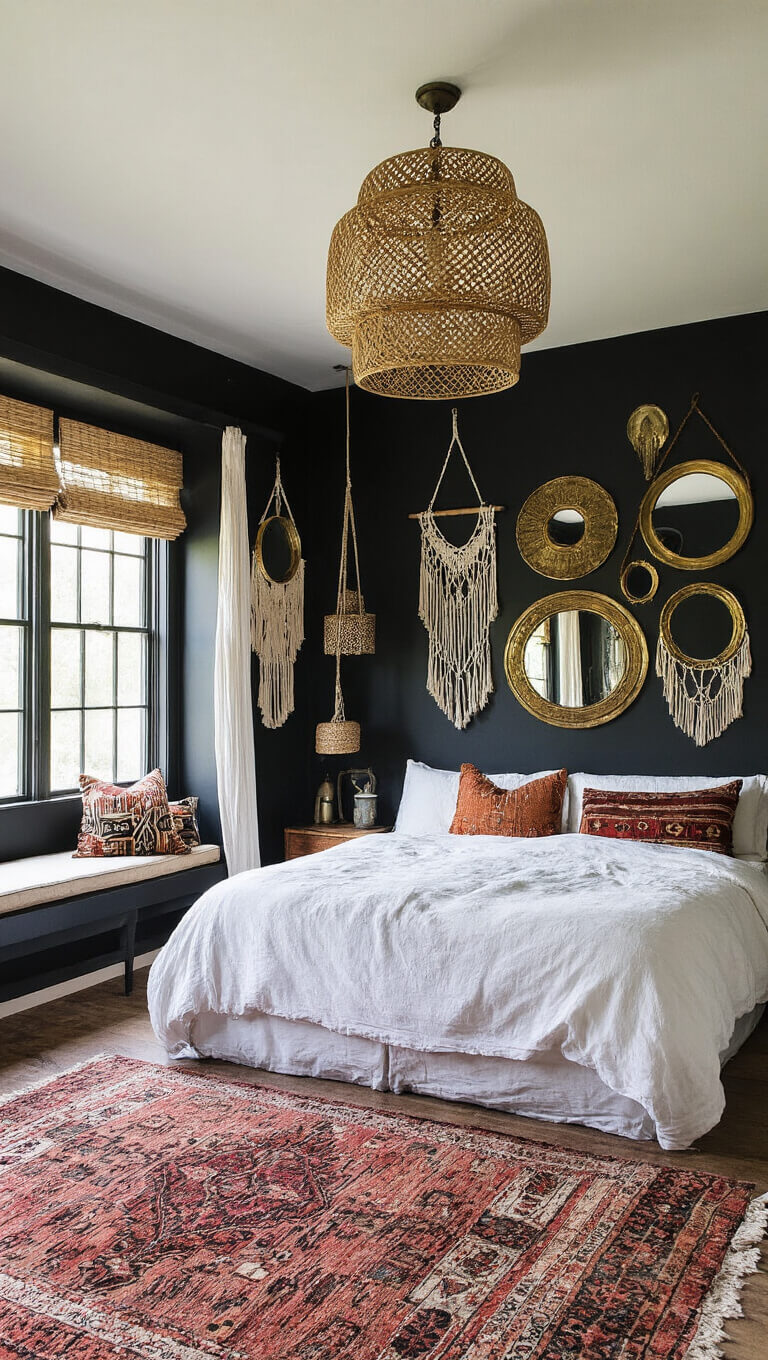 Bohemian black bedroom with vintage brass mirrors, white linen bed, Moroccan rugs, macramé wall hangings, and rattan hanging chair in natural light.