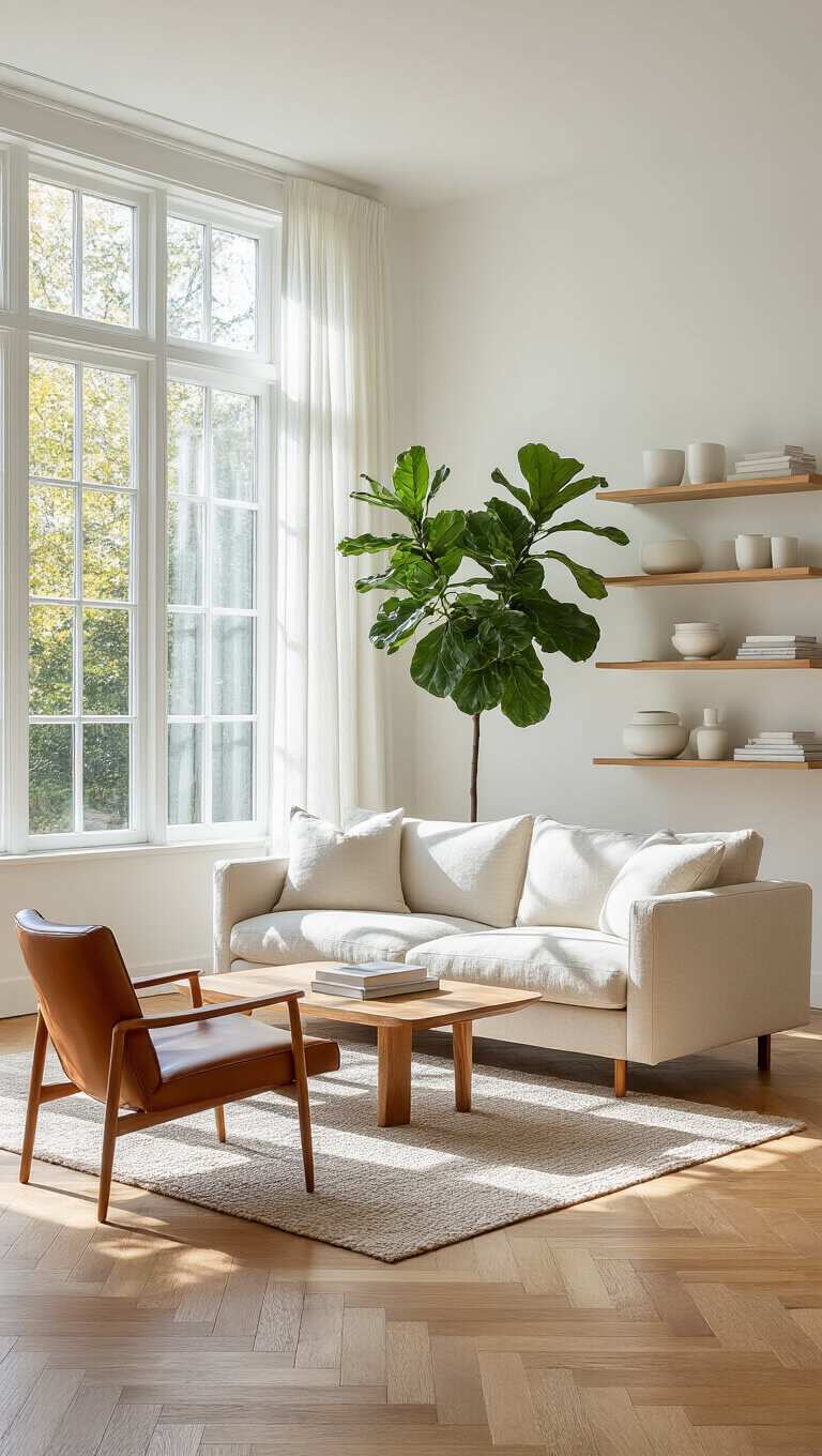 Bright sunlit minimalist living room with oatmeal linen sofa, teak coffee table, cognac leather chair, and fiddle leaf fig near floor-to-ceiling windows.