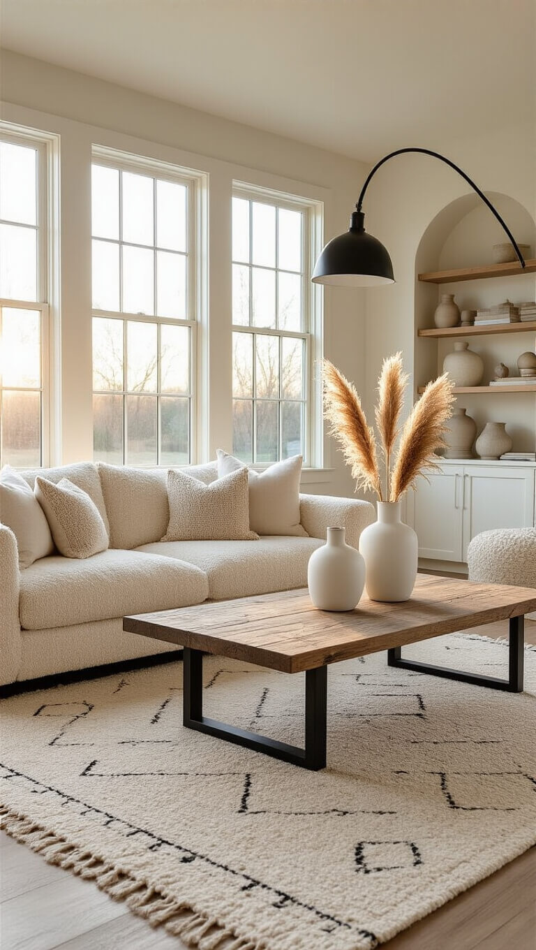 Nordic-style living room with ivory bouclé sofa, pine coffee table, and golden hour light through west-facing windows.