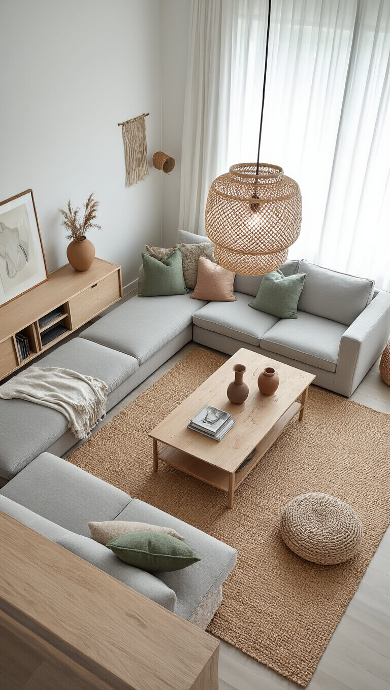 Open-concept living and dining area with pearl grey sectional on jute rug, blonde wood media console, woven pendant lamp, and soft natural light through white linen curtains.