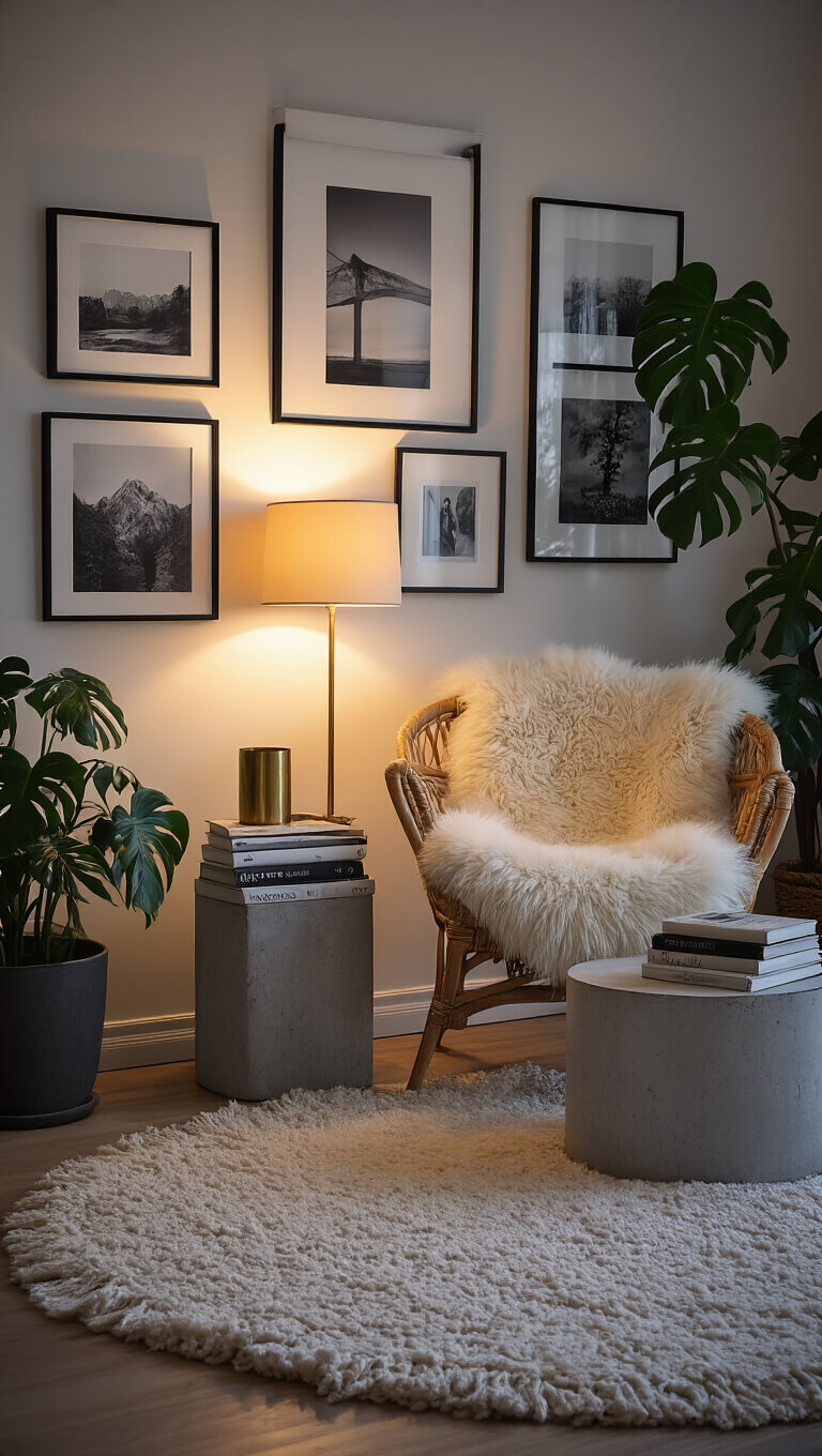 Cozy apartment living room at dusk with ambient lighting, featuring rattan chair with sheepskin throw, concrete side table with design books and brass lamp, gallery wall of black and white photos, and potted monstera.