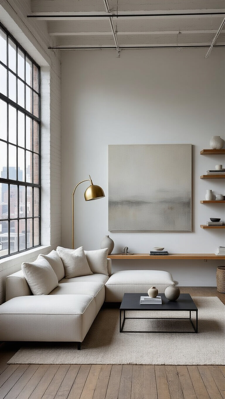 Modern loft with white L-shaped sofa, black steel coffee table, brass floor lamp, and floating oak shelves in sunlit industrial space.