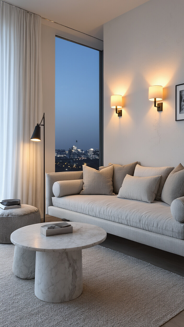 Serene twilight bedroom-living space with daybed, marble side table, warm sconces, and sheer curtains filtering city lights.
