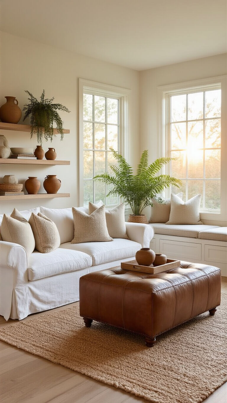 Golden hour light fills a spacious 20x25ft family room with white slipcover sofa, vintage leather ottoman, window seat, natural fiber rug, wood floors, floating shelves with earthenware, and Boston ferns.