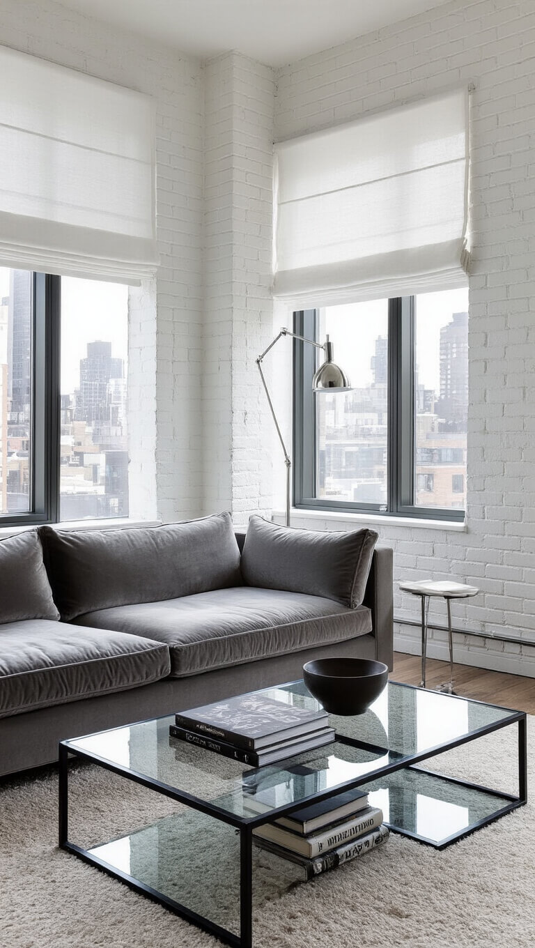 Compact urban living room with grey velvet sofa, glass coffee table, floor-to-ceiling windows, and chrome floor lamp.