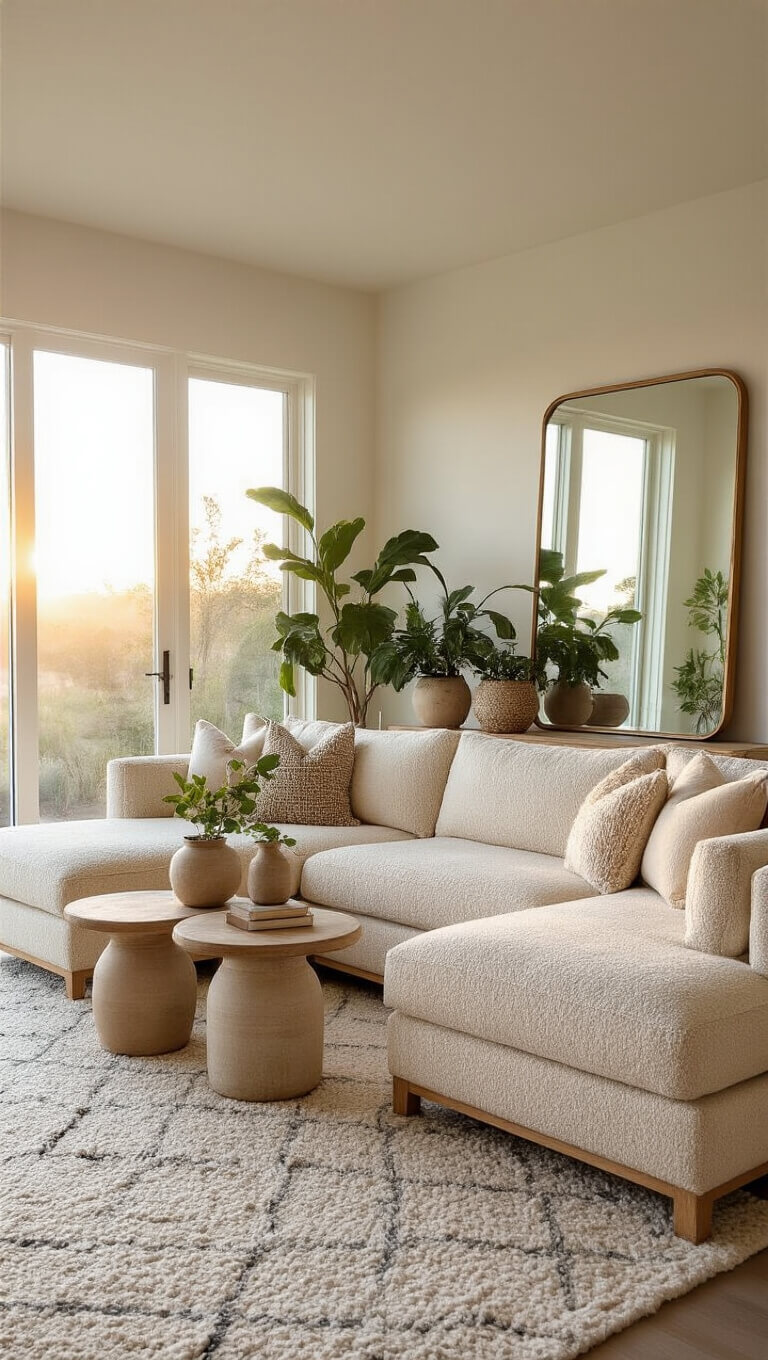 Sunlit living area with cream bouclé sectional, ceramic side tables, ivory and grey rug, oversized mirror, and clustered potted plants.