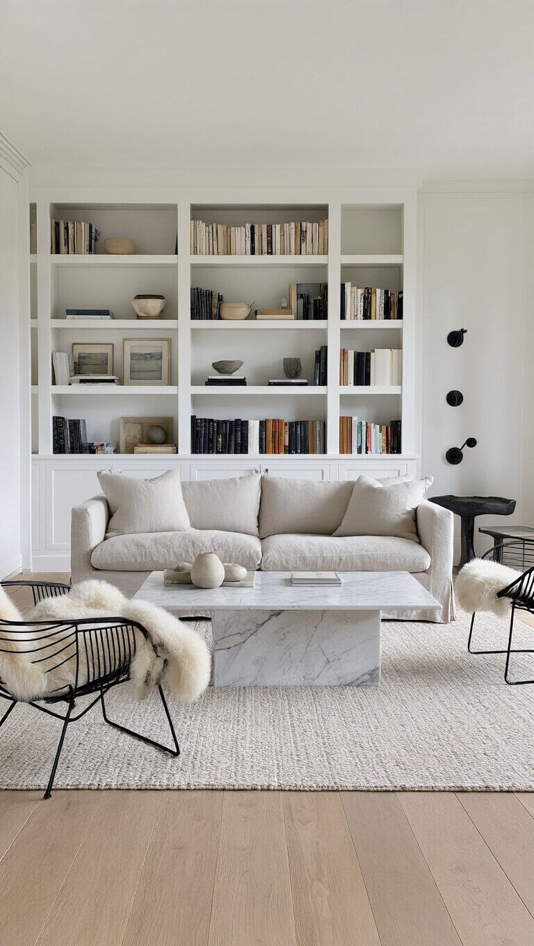 Contemporary open-plan living room with natural linen sofa, marble coffee table, black accent chair, and minimalist floor-to-ceiling bookshelves.