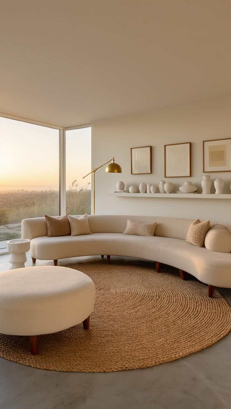 Warm sunset-lit sitting room with curved cream sofa, jute rug on concrete floor, minimal gallery wall art, brass floor lamp, and white ceramics on floating shelves.