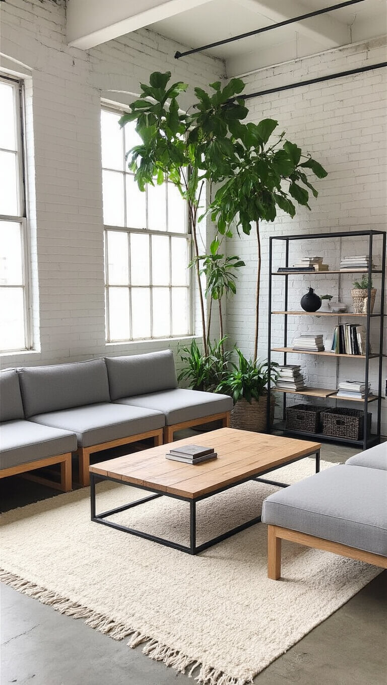 Bright multifunctional room with white brick walls, grey modular seating, wooden coffee table on cream rug, black shelving, and large indoor trees filtering natural light.