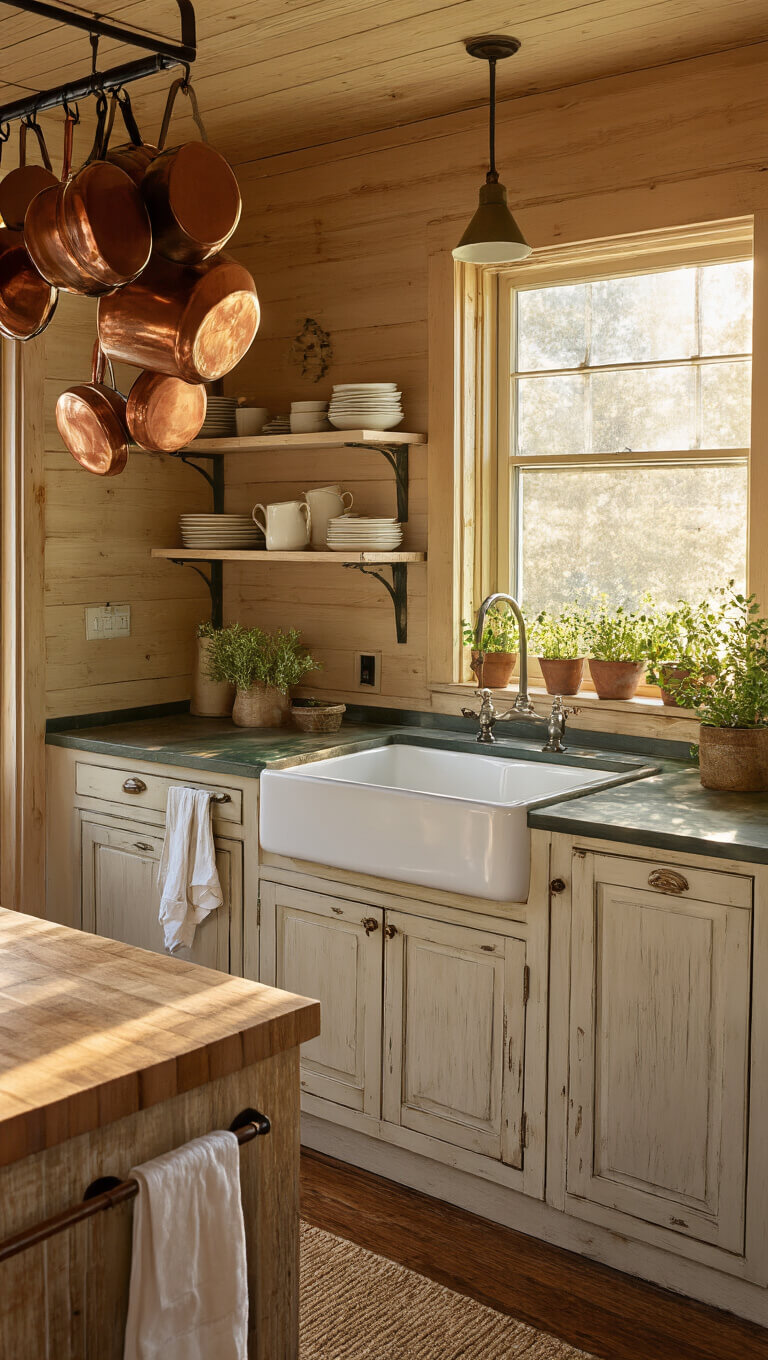 Cozy 12x14ft cabin kitchen at golden hour with sunlight through a west-facing window, farmhouse sink, distressed pine cabinets, soapstone counters, hanging copper pots, vintage enamelware on open shelves, butcher block island, linen tea towels, and herb pots on windowsill.