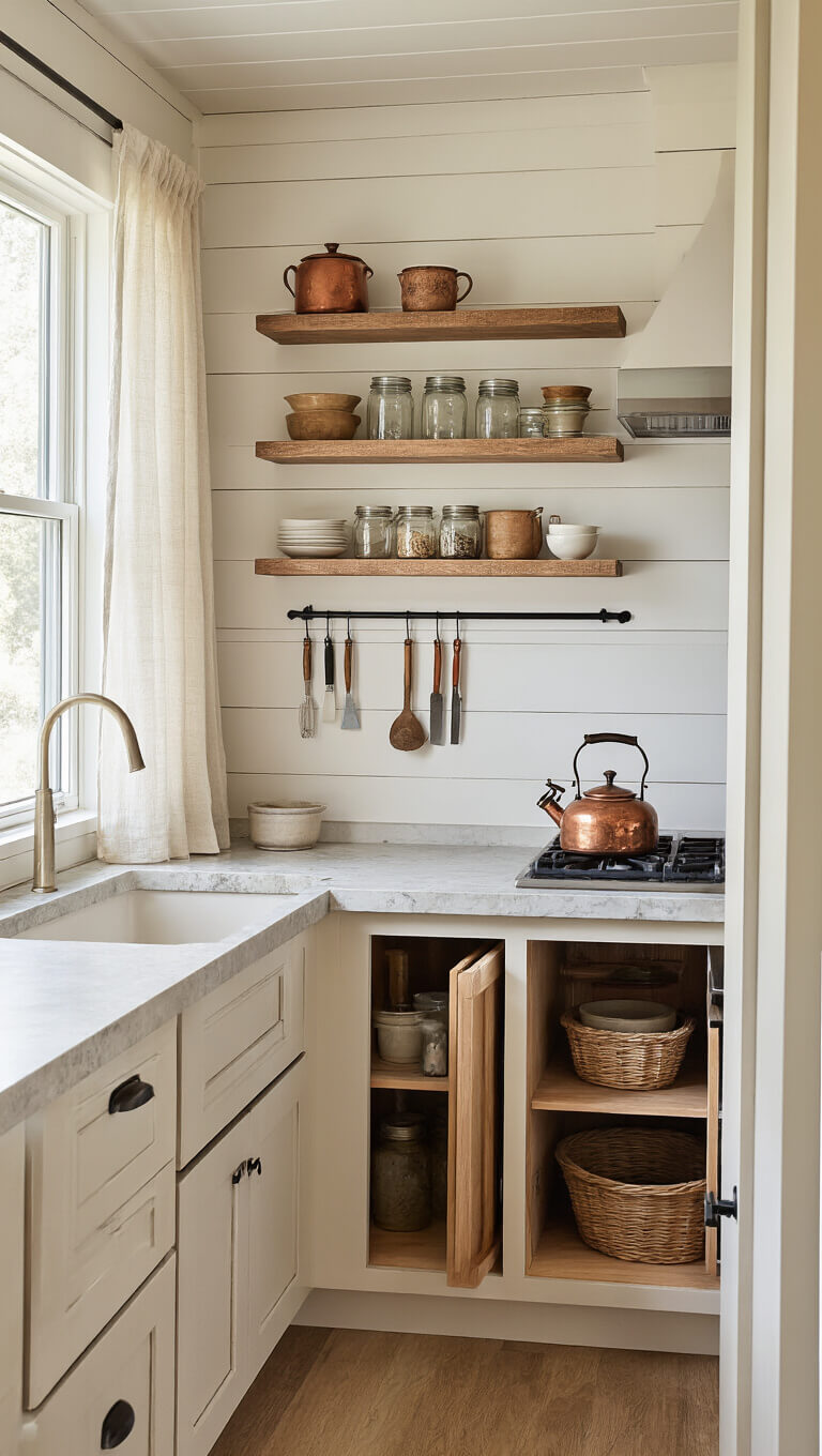 Compact L-shaped cabin kitchen with quartzite counters, morning light, cream shiplap walls, copper kettle on cast iron stove, floating oak shelves, and organized pantry jars.