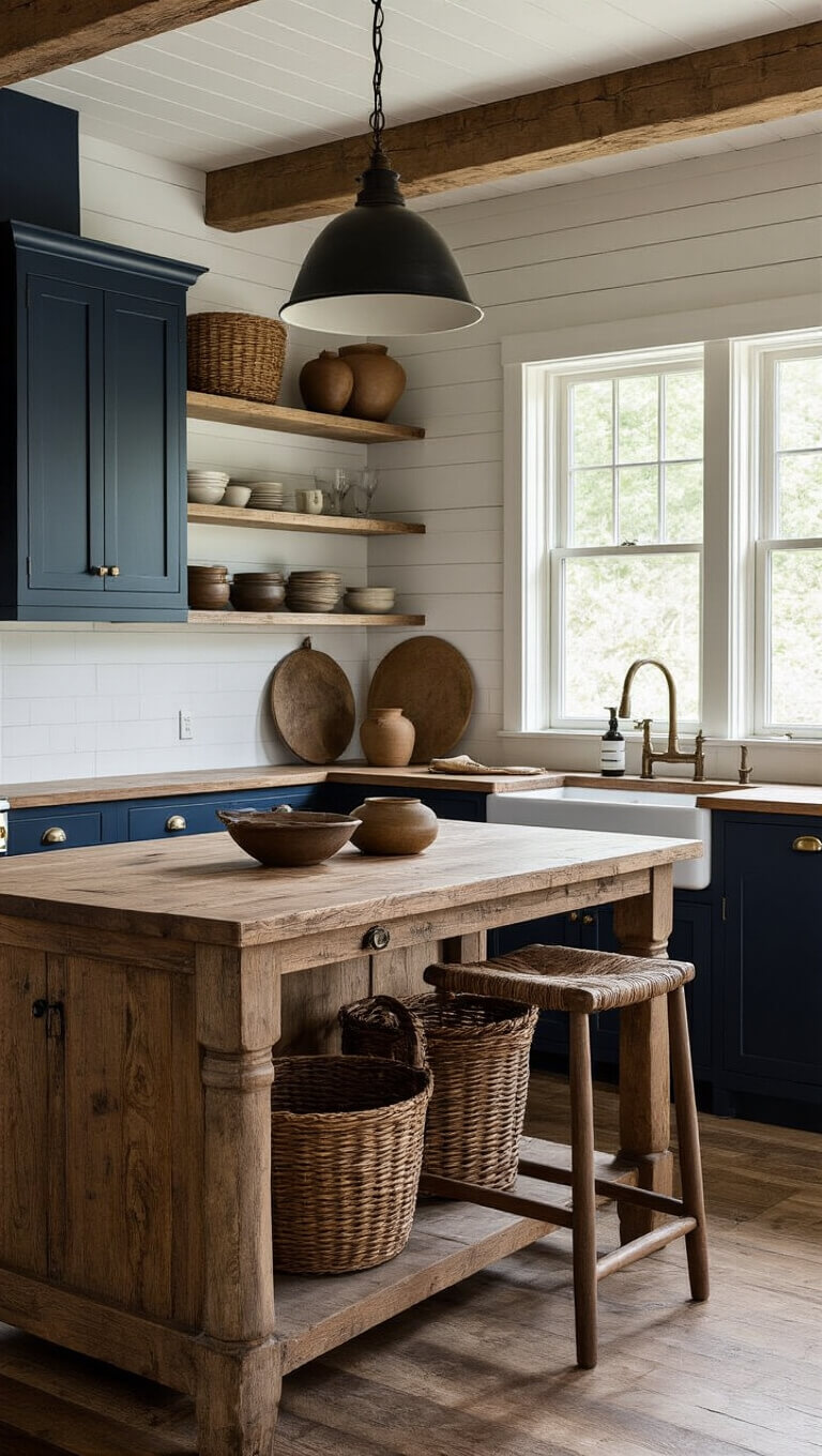 Cozy cabin kitchen corner with antique workbench island, navy cabinets, brass hardware, open oak shelves, and moody pendant lighting.