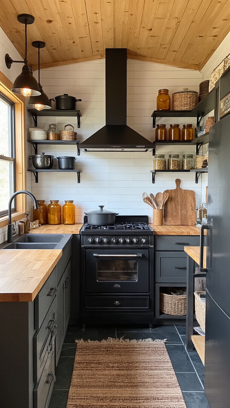 Micro cabin kitchen with industrial black shelving, wood-burning stove, and organized jars, viewed from corner at low angle in morning light.