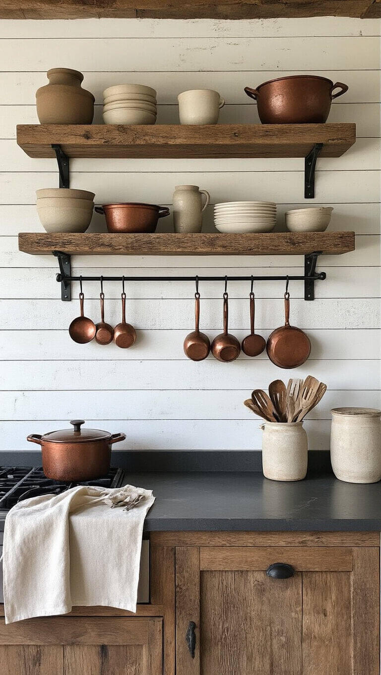Overhead view of rustic cabin kitchen workspace featuring barn wood shelves, honed granite countertops, earthy ceramics, copper and cast iron cookware, antique utensils on iron hooks, and linen aprons against whitewashed plank walls.